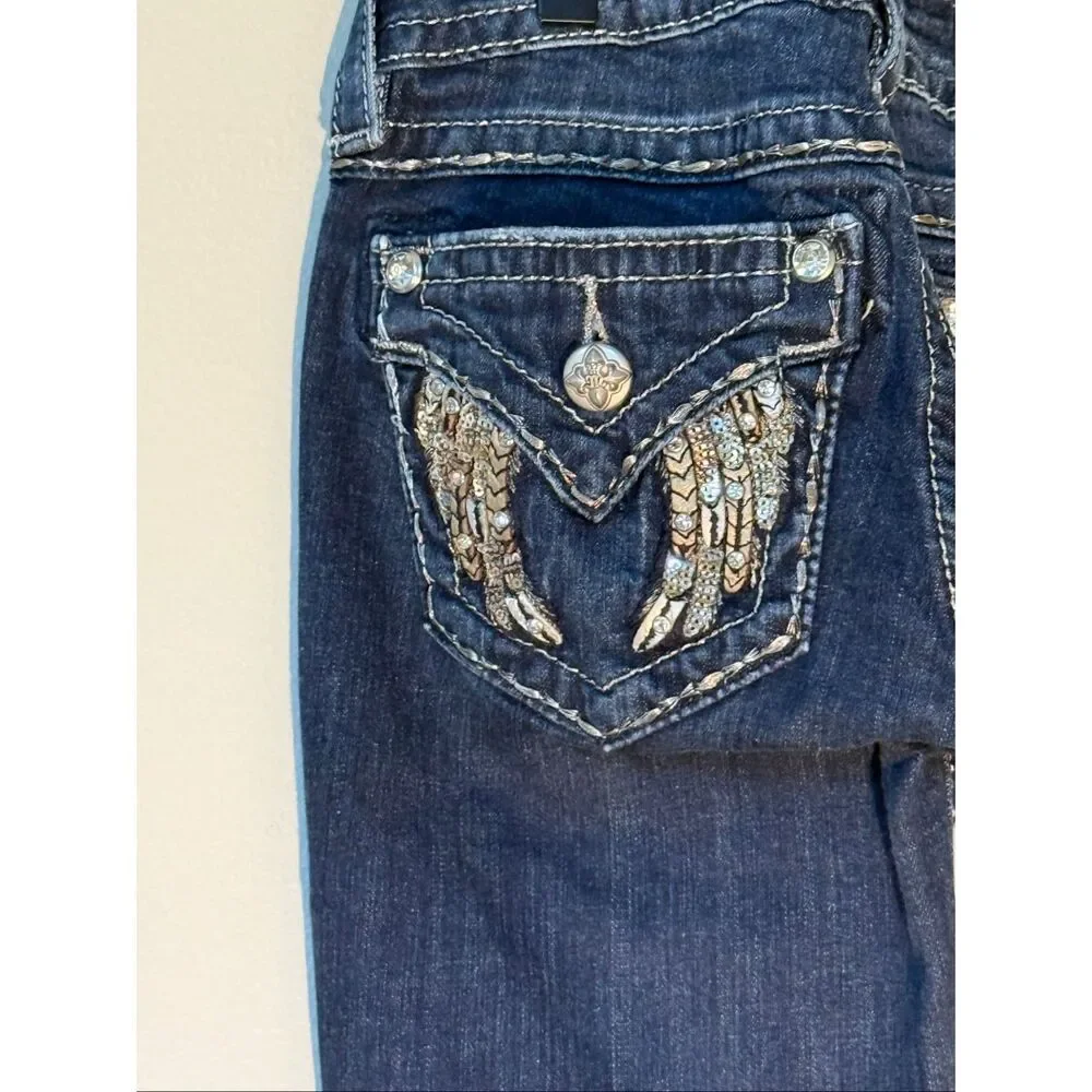 Miss Me Angel Wing Bling Embellished Flap Pocket Skinny Jeans Dark Denim Size 24
